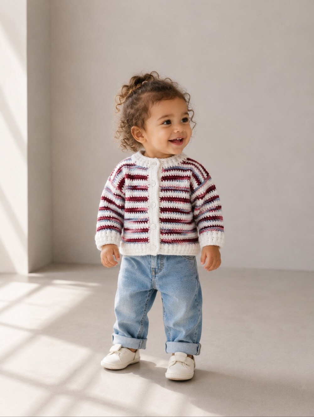 Vintage Hand Knit Baby Cardigan Striped Crochet Sweater Cottagecore 12M